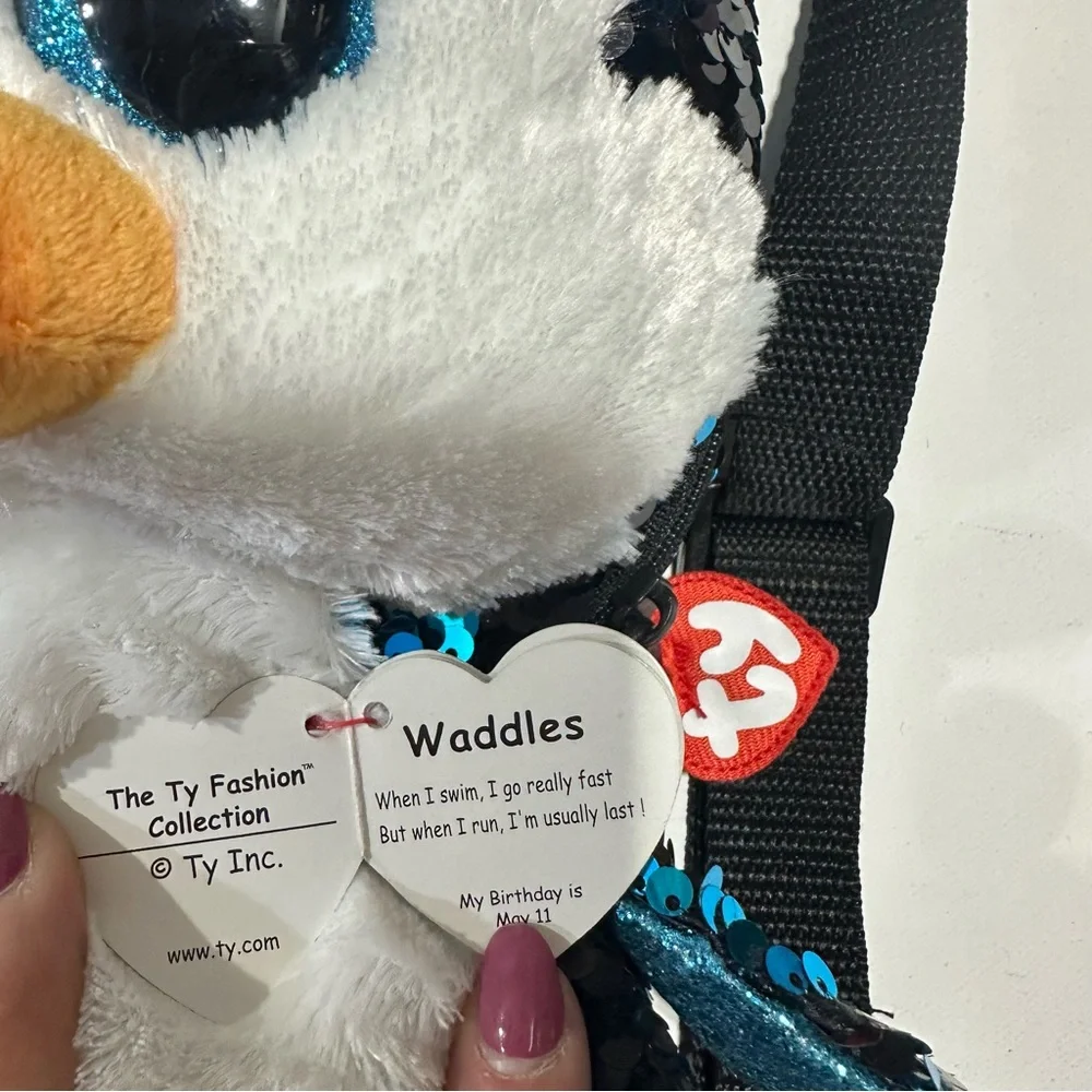 TY Fashion Sequin Black and Blue Backpack - Waddles the penguin